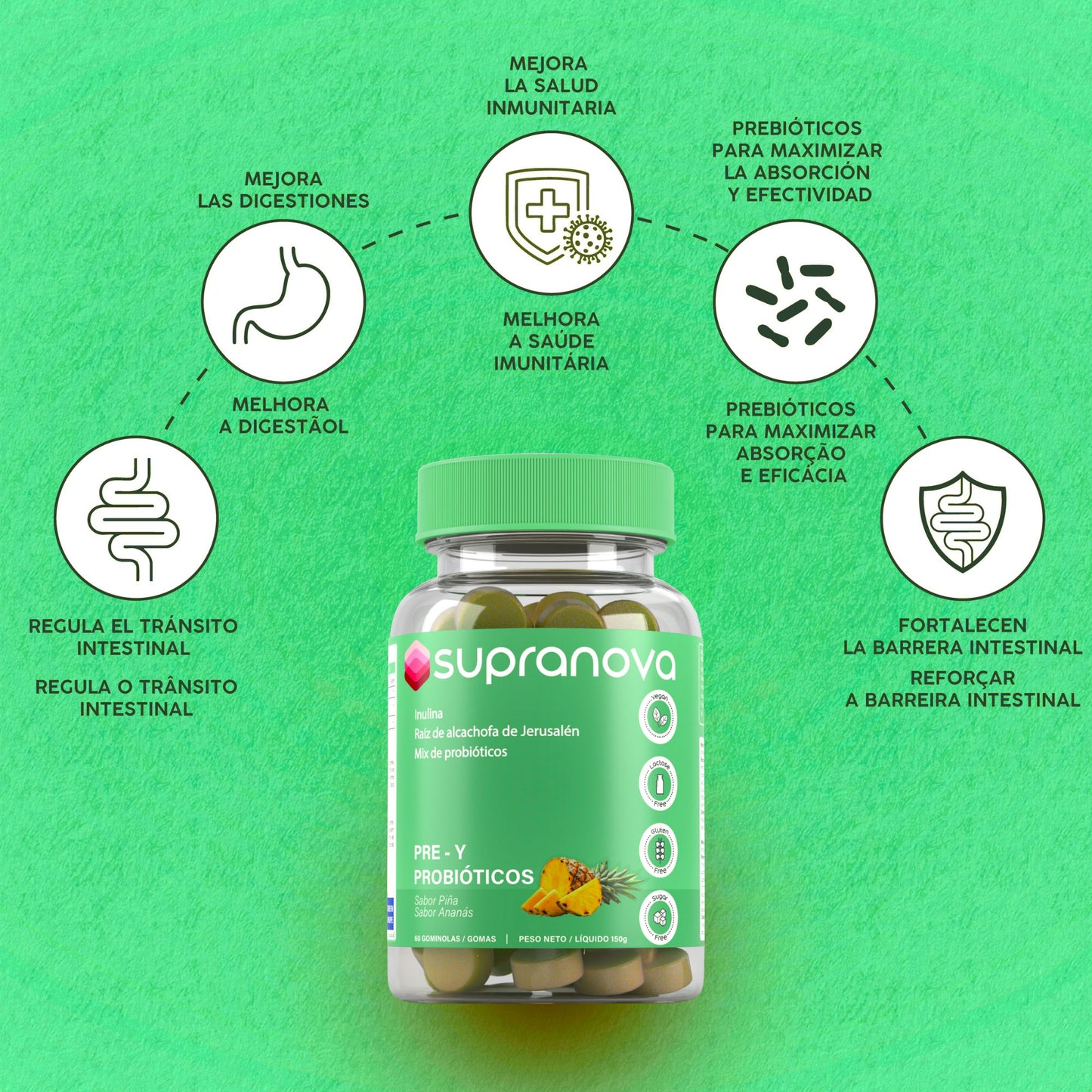 PRE y PROBIÓTICOS | SALUD DIGESTIVA (60 gominolas - SIN AZÚCAR)
